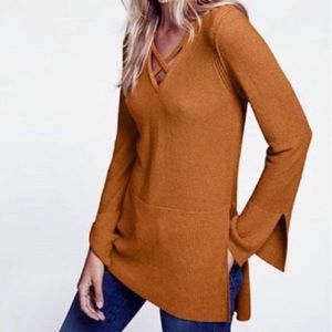 Free People Criss Cross Tunic Sweater Long Sleeves Sz M Knit V-Neck Mustard